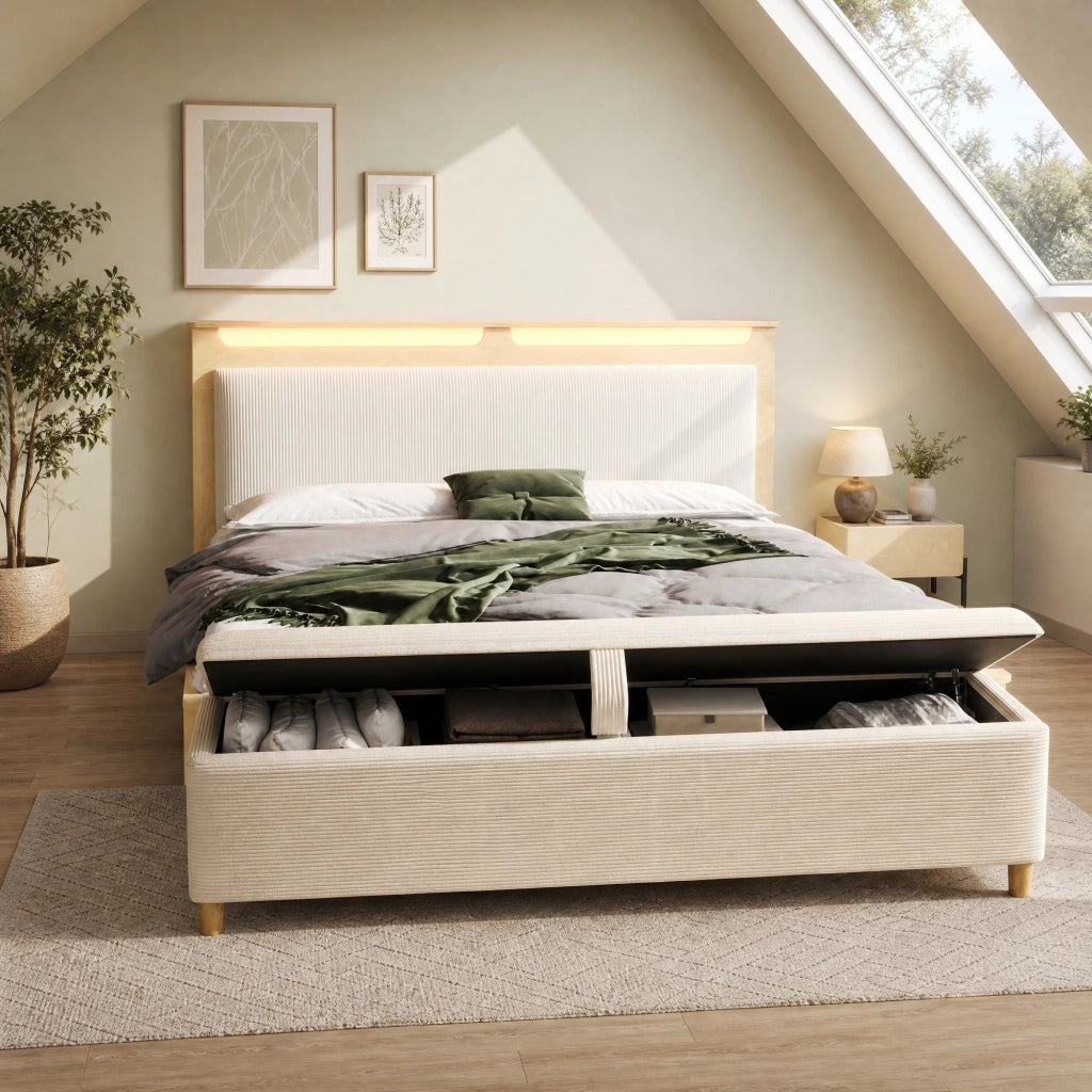 Letto matrimoniale 140x200 cm in legno effetto rovere chiaro con testiera LED e panca contenitore beige