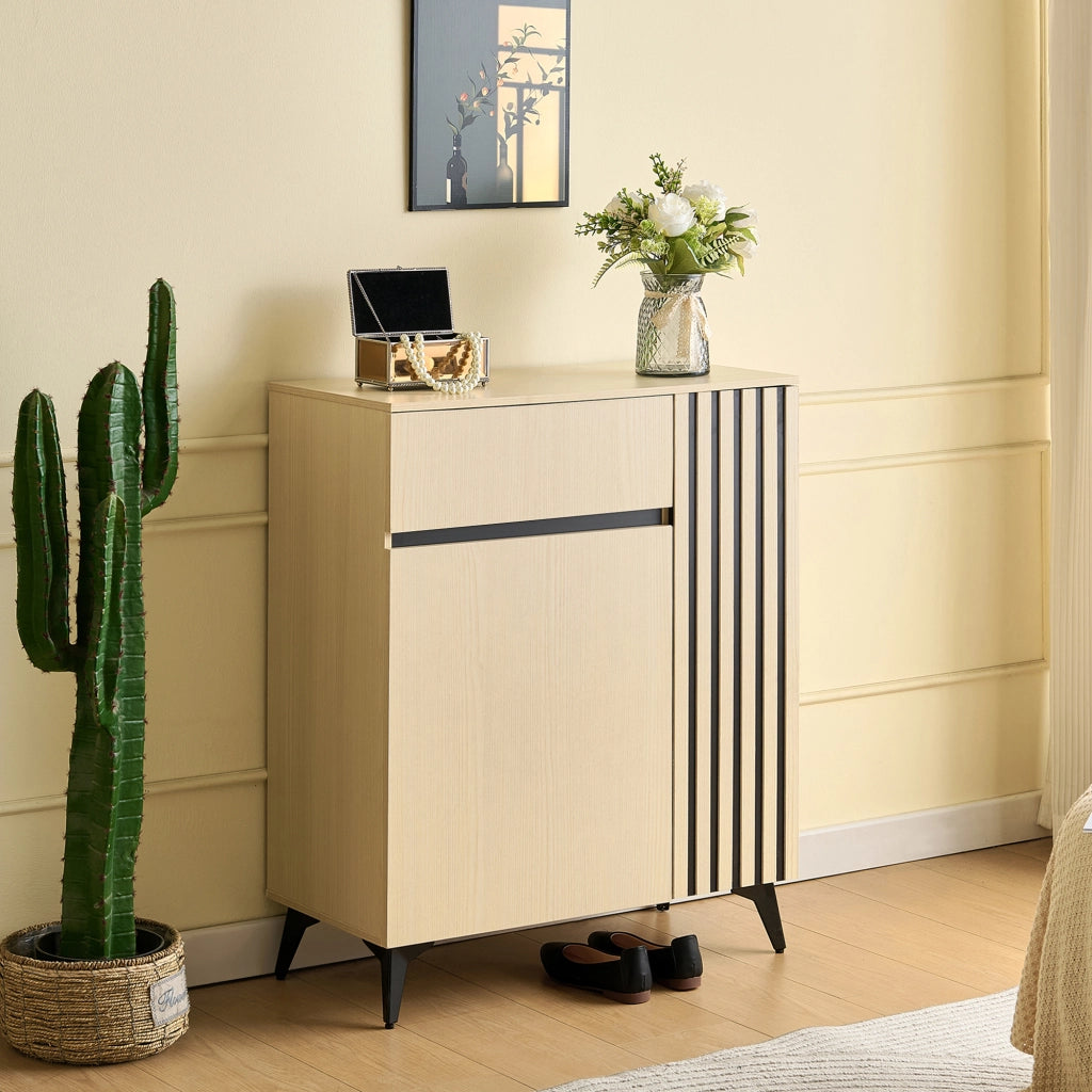 Credenza moderna in MDF con 2 ante, 1 cassetto e ripiani regolabili, colore legno chiaro