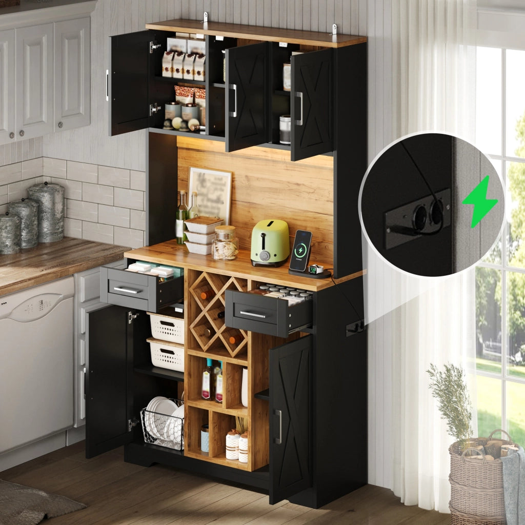 Mobile cucina alto con illuminazione LED RGB, 2 cassetti, portabottiglie estraibile e presa integrata 105x40x180 cm