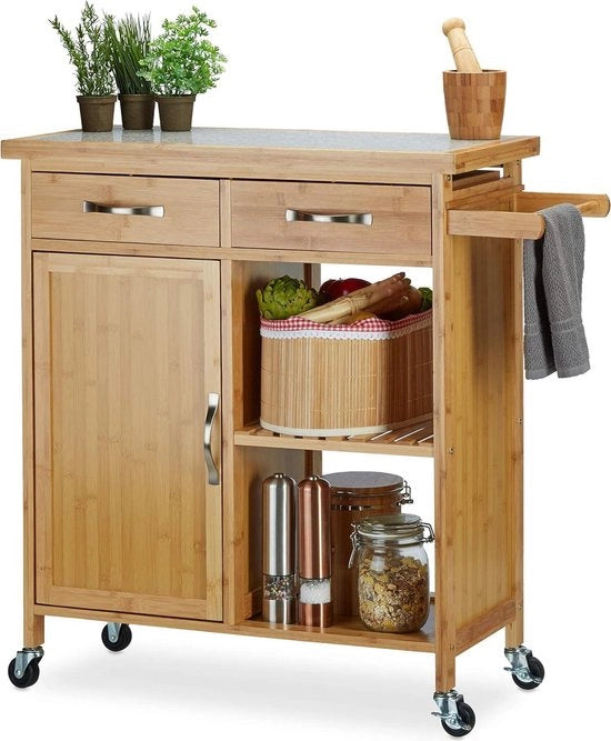 Carrello da Cucina in Bambù con Piastra in Marmo e Porte - Servizio da Cucina in Legno - Dimensioni 855 x 895 x 36 cm - Naturale