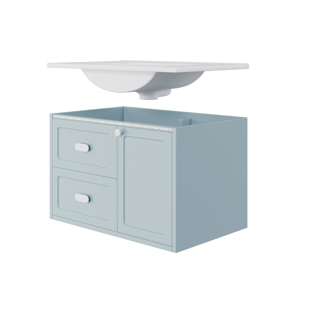 Mobiletto Bagno Sospeso con Lavabo Integrato e LED ¨C MINIMAL ¨C 2 Cassetti, Blu, 76x46x51 cm