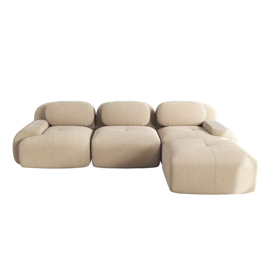 Divano angolare modulare senza montaggio in tessuto a coste beige; design ergonomico