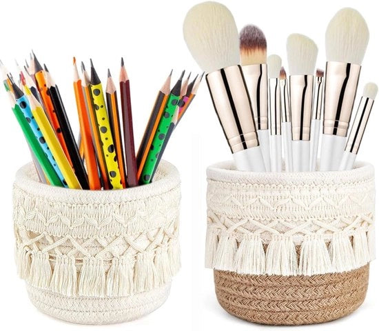 Organizzatore per Cosmetici Mini a Maglia - Scatola di Stoccaggio per Pennelli e Accessori Make-up - Stile Boho - 2 Pezzi - 10 x 10 cm - Bianco + Cenere