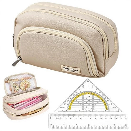 Etui per ragazze, 3 compartimenti, grande capacità, 21 cm x 7 cm x 13 cm, con righello e scomparto triangolare, per scuola e ufficio