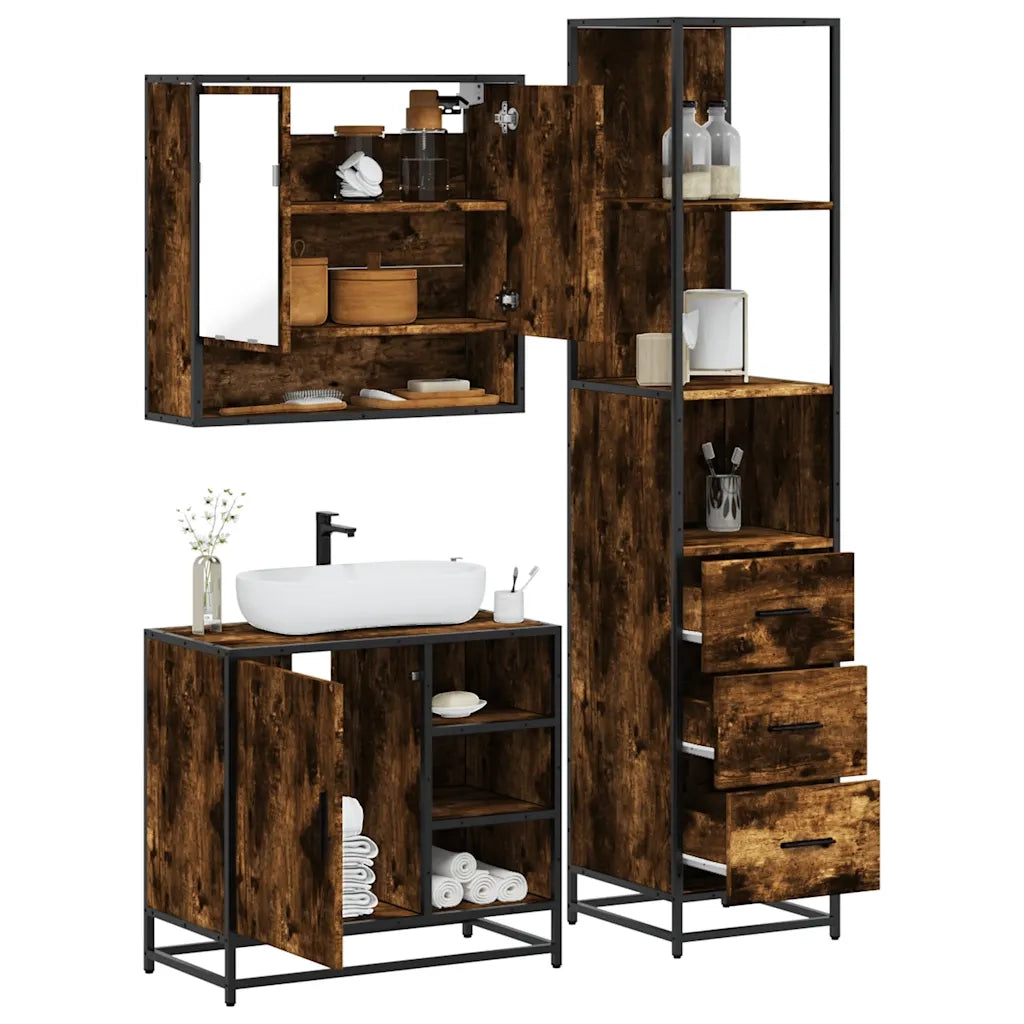 Set Mobili da Bagno 3 pz Rovere Fumo in Legno Multistrato 3301177