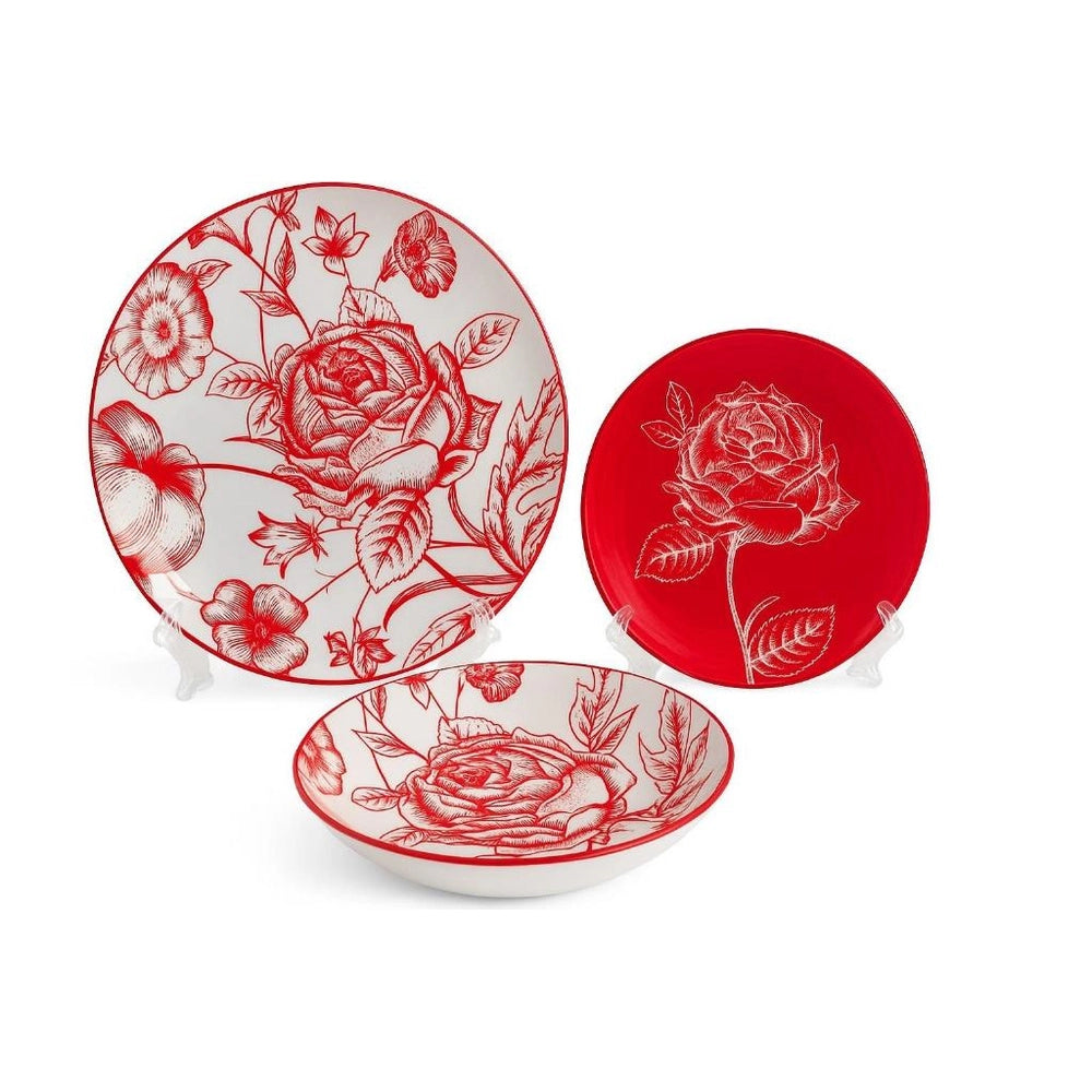 Servizio di Piatti da Tavola in Porcellana Rose Rosse 18 Pezzi
