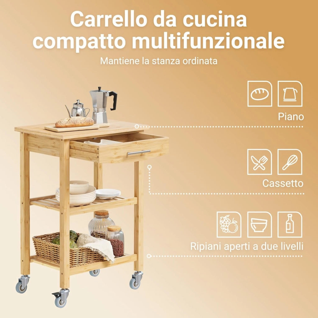 Carrello da Cucina in Bambù Carbonizzato – Carrello Cucina in Legno con Ruote, Antibatterico, Resistente all’Umidità, Inodore, Ideale per Cucina, Sala da Pranzo e Casa 58×40×86 cm FKW135-N