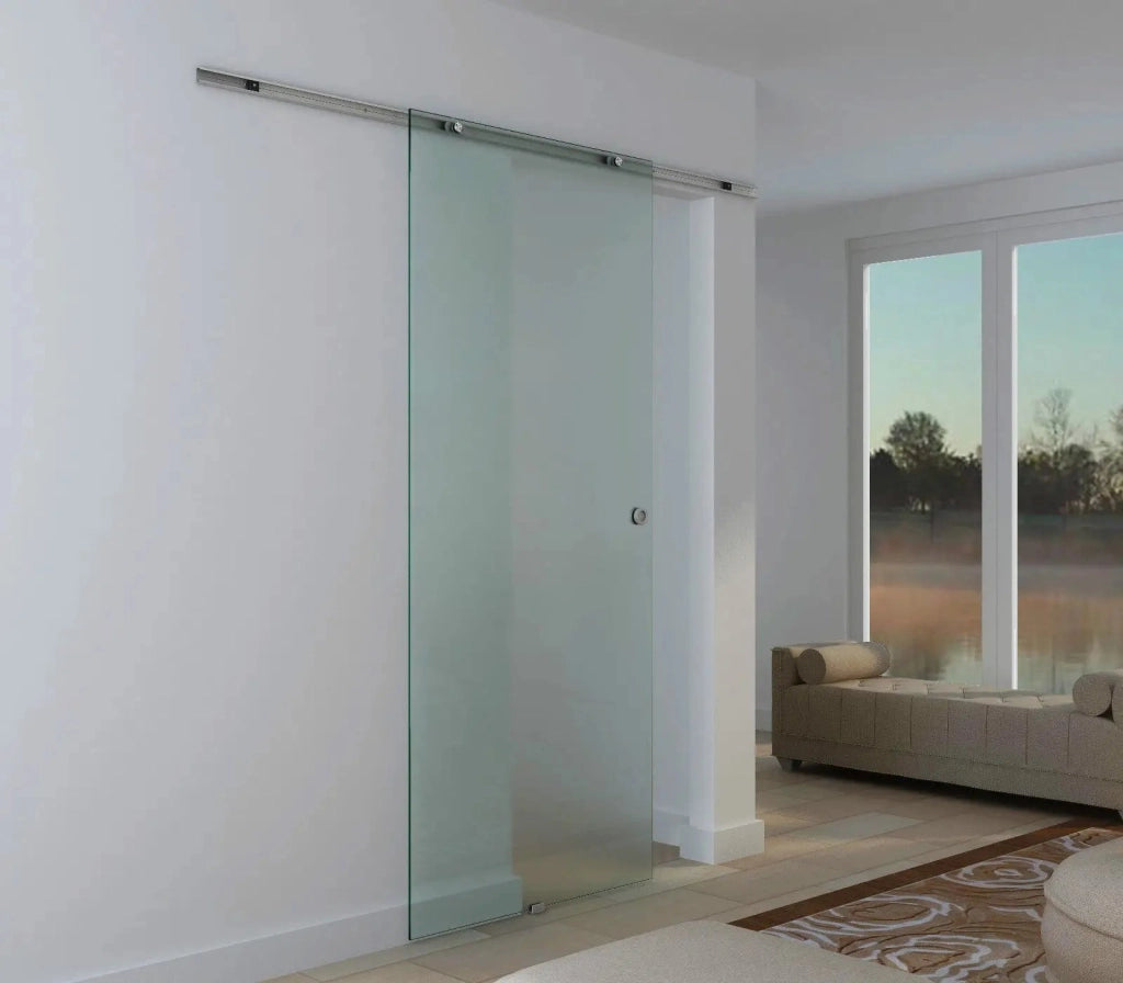 Porta scorrevole in vetro satinato con binario in alluminio e vetro di sicurezza 8 mm