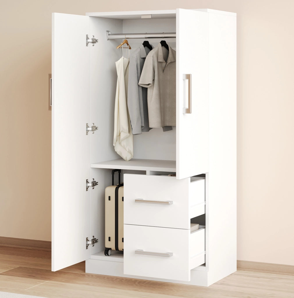 Armadio 70x40x135 cm con ante doppie e cassetti in legno bianco