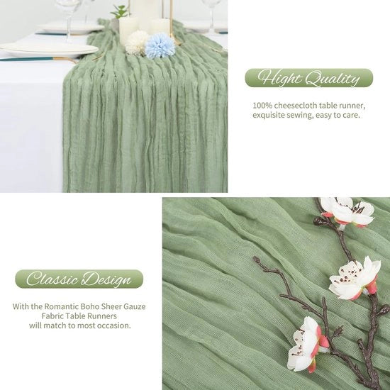 Set di 2 tovaglioli di stoffa verde salvia, tovagliato di stoffa rustico in gas 55 x 180 cm, tovagliato di stoffa Boho per tavola di matrimonio, tovagliato di matrimonio per decorazione di tavola di matrimonio, decorazione di tavola per docce di nozze