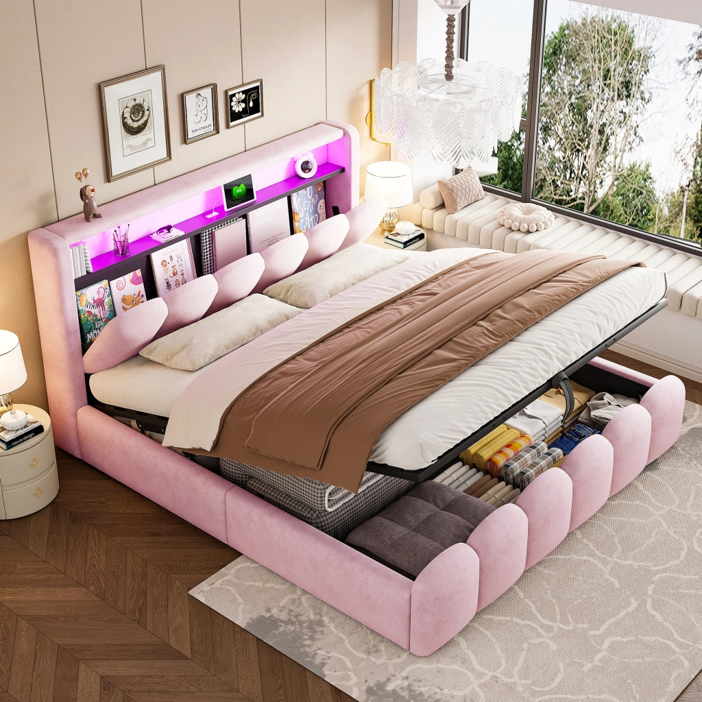 Letto matrimoniale contenitore 180x200 cm con testiera a petalo; LED; USB e USB-C; imbottito in velluto rosa