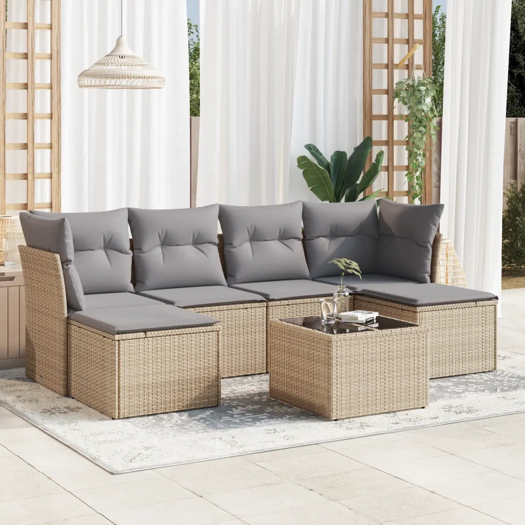 Set Divani da Giardino 7 pz con Cuscini Beige in Polyrattan