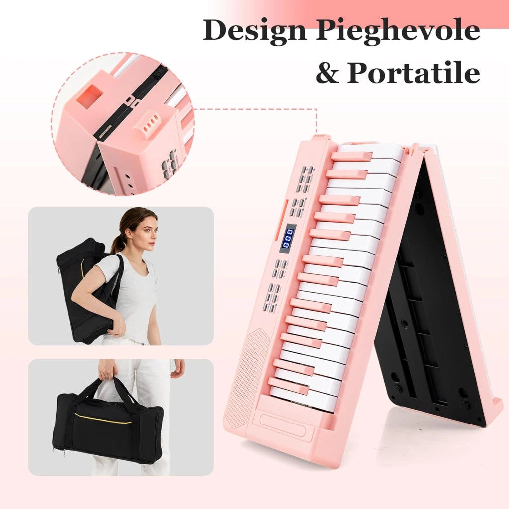 Tastiera Pianoforte Pieghevole a 61 Tasti, Tastiera Elettronica con Funzione MIDI, Cuffie, Pedale Sustain, Pianoforte Digitale Portatile per Principianti (Rosa)