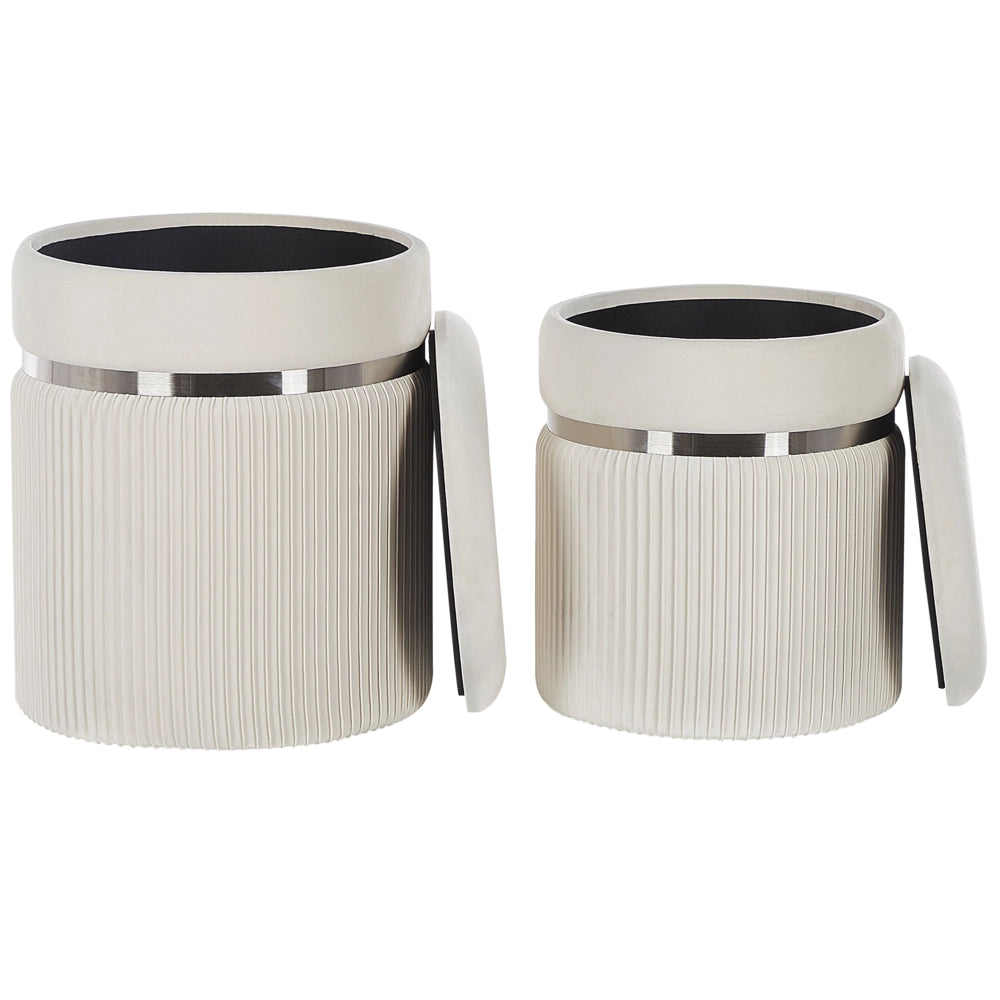 Set di 2 pouf Velluto bianco Fasce metalliche Glamour Contenitori interni Soggiorno Camera da letto