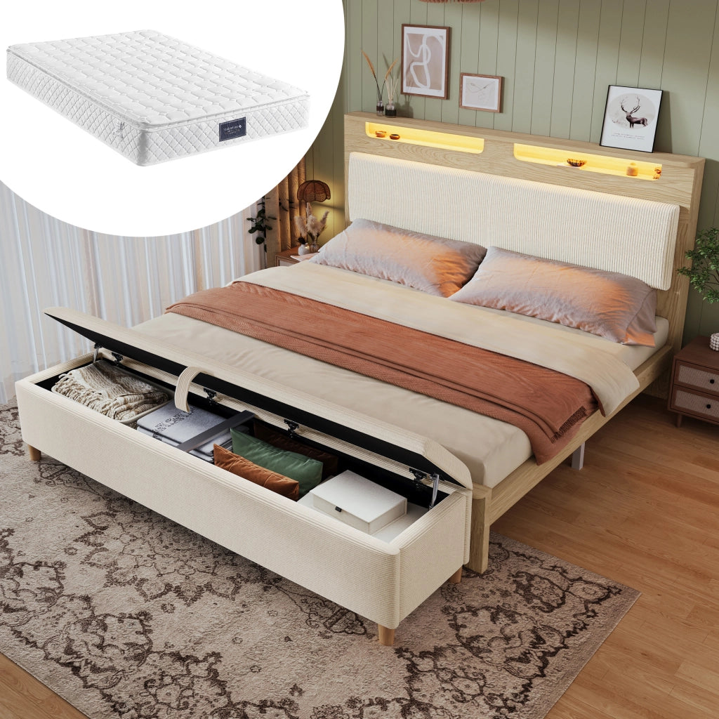 Letto matrimoniale 140x200 cm con LED; testiera con ripiani; panca contenitore; beige e rovere