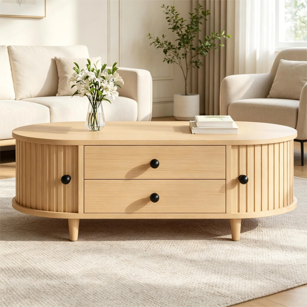 Tavolino da caffè con 2 cassetti e ante scorrevoli - per soggiorno - in MDF - 100x50x36 cm