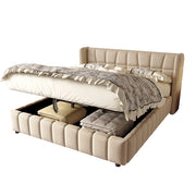 Letto contenitore matrimoniale 180×200 cm con rete sollevabile e testiera imbottita; senza materasso; beige