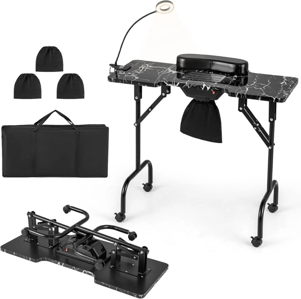 Tavolo manicure pieghevole con aspiratore elettrico e borsa da trasporto, Scrivania portatile unghie con luce led Nero-Scrivanie