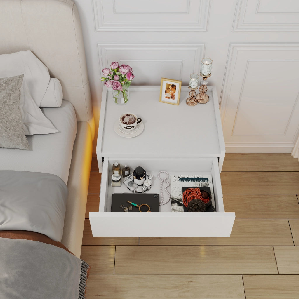 Comodino con 2 cassetti e LED - per camera da letto - 50×40×50 cm - bianco naturale