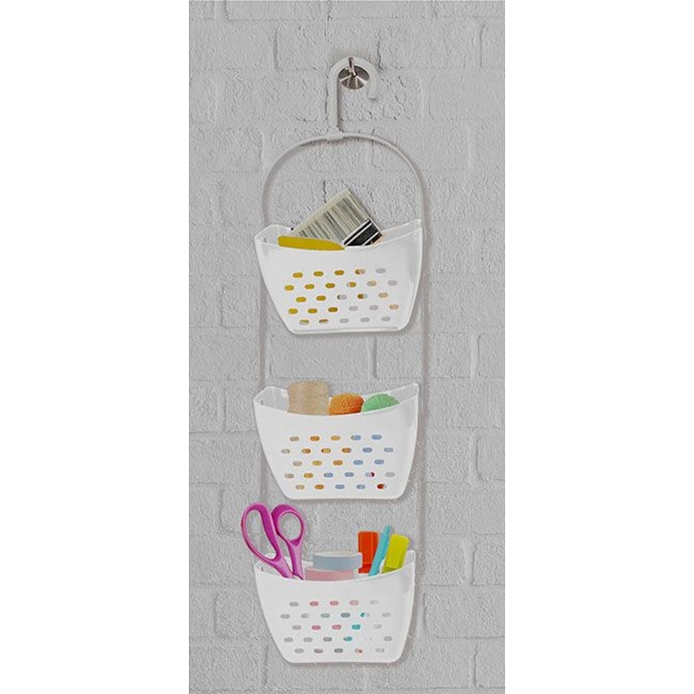 Trade Shop - Portaoggetti Con Gancio 3 Contenitori Salvaspazio Cestino Bagno Sospeso In Plastica 70 Cm -