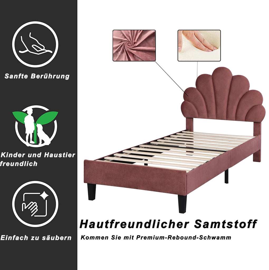 Letto imbottito 90x200 cm in velluto rosso fagiolo con testiera a fiore