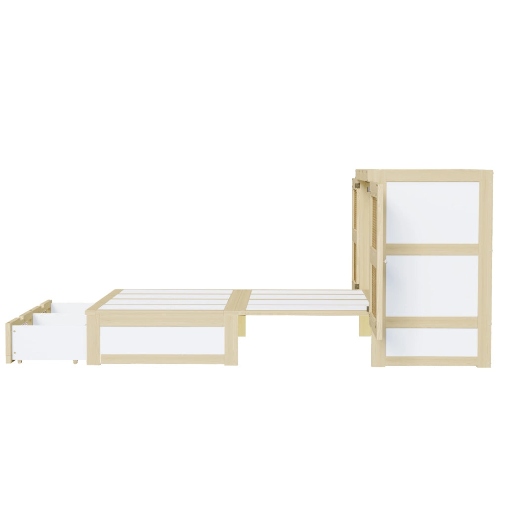 Letto a scomparsa verticale 140x200 cm in legno colore naturale con cassetti e design rattan