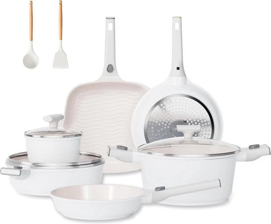Set di Pentole e Pannini Non Aderente 22 Pezzi - Set di Cucina Ceramica con Maniglie Rimovibili - Pentole Induzione Salute, Sicure in Forno, Senza PFAS e PFOA, Beige