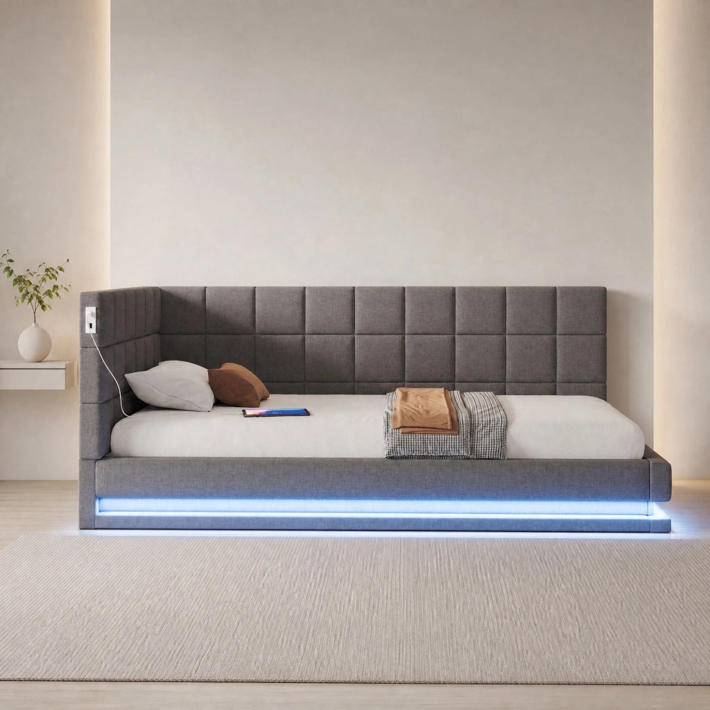 Divano letto imbottito 90x200 cm con LED RGB; USB e rete a doghe in lino grigio