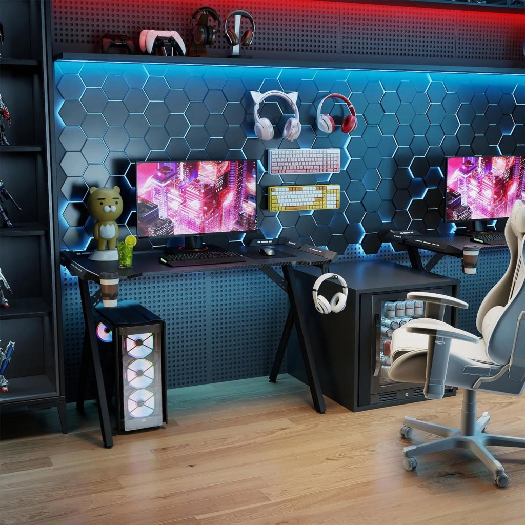 Tavolo da gioco con LED, 120 x 60 cm, scrivania da gioco con porta bevande e gancio per cuffie, tavolo da gioco con rivestimento in fibra di carbonio, nero, telaio a Y