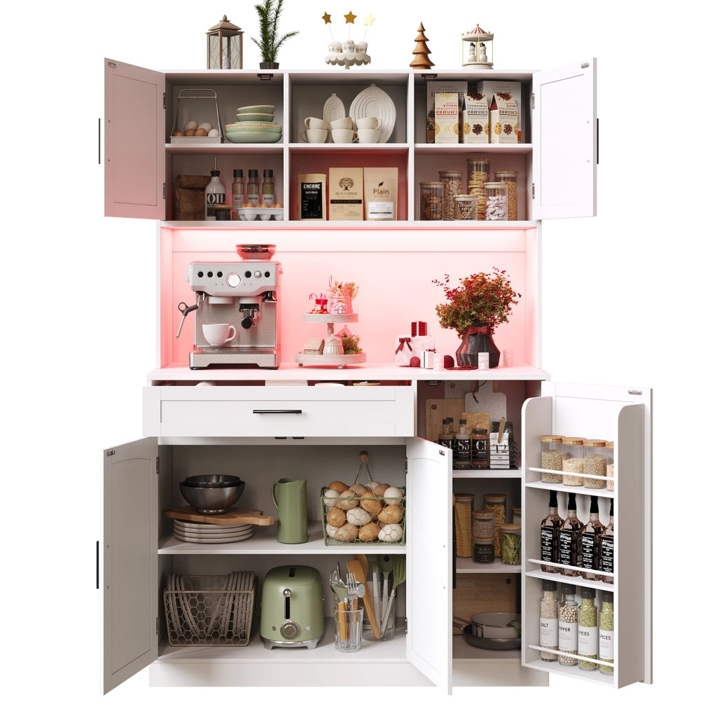 Mobile credenza da cucina con LED; prese e USB 110x38x180 cm in MDF bianco