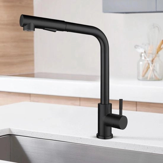 Krane da Cucina Rotativa - Rubinetto Estensibile - Rubinetto in Acciaio Inossidabile - Altezza 36 cm - Per Lavandino 1 Foro - Incluso il Fusto