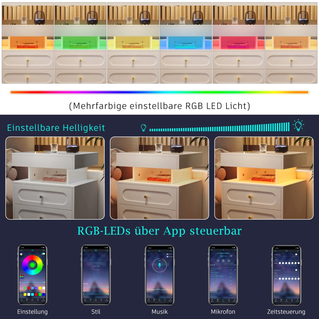 Comodino con LED, 2 cassetti e 1 vano aperto, per camera da letto, in truciolato, bianco, 100 × 40 × 60 cm