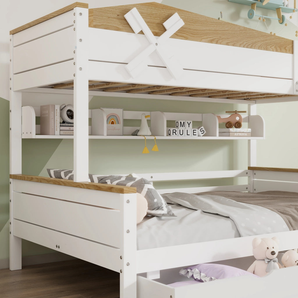 LETTO a castello con mulino a vento e scaffali 90x200+140x200 cm Bianco/Naturale