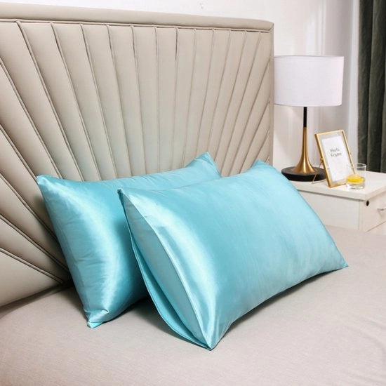 Cuscino da letto a doppia faccia in seta - morbido e soffice - chiusura a sacco - antimacchia e ipoallergenico - protegge capelli e pelle dalle rughe - 51x91cm - Blu celeste