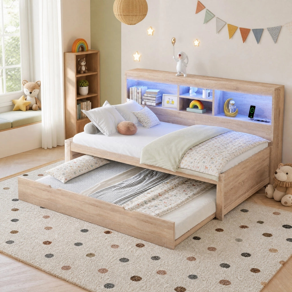 Letto singolo estraibile 90x200 cm con luce ambiente, presa e USB, finitura naturale, senza materasso