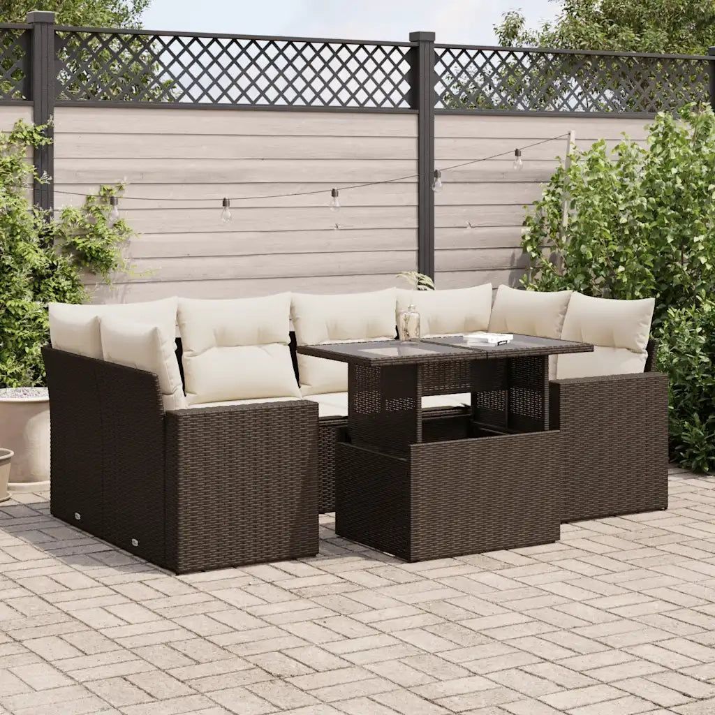 Set Divani da Giardino 7 pz con Cuscini Marrone in Polyrattan