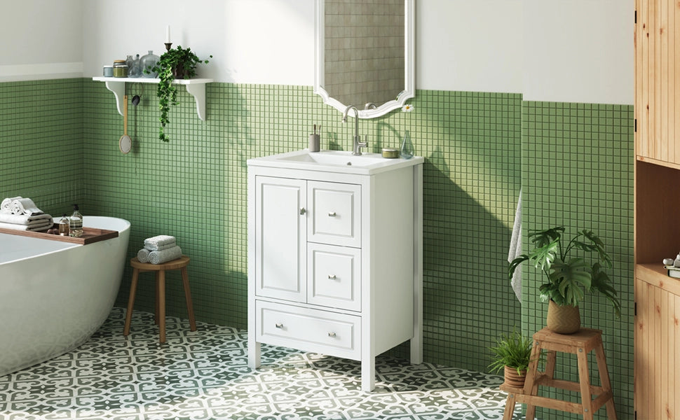 Mobile sottolavabo da bagno con lavabo in ceramica 1 anta e 3 cassetti per bagno in MDF e ceramica bianco 62 × 47 × 90 cm