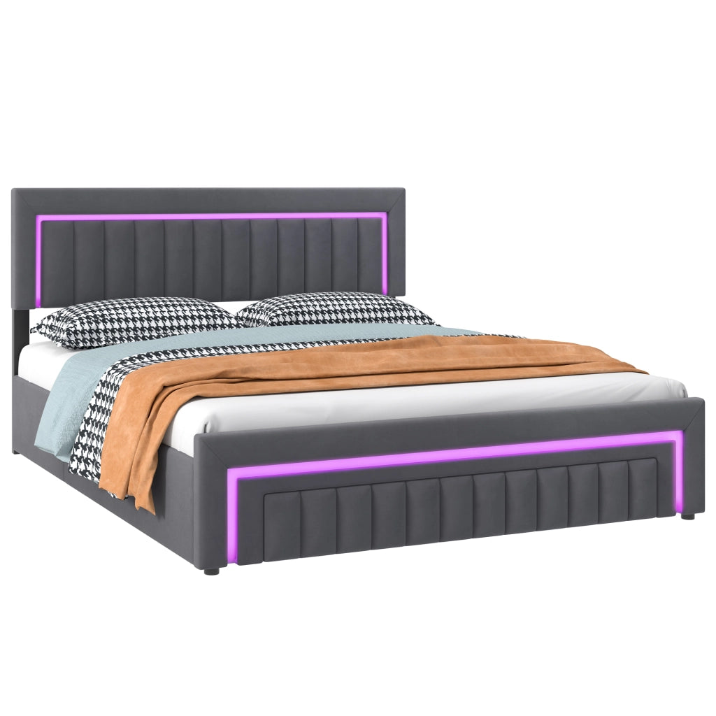 Letto matrimoniale imbottito 180x200 cm grigio scuro in velluto con LED e cassetti
