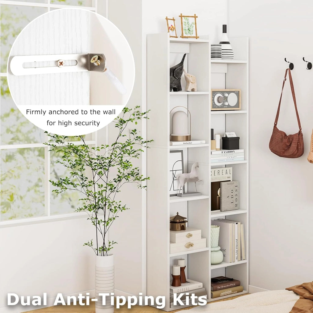 Libreria da Parete a 6 Ripiani con 10 Scomparti e 2 Mensole, Libreria Verticale a Forma di Albero con 2 Dispositivi Anti-Ribaltamento, Scaffale per Soggiorno, 65 x 20 x 162 cm (Bianco)