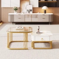 Set di Tavolini da Salotto Impilabili in Marmo Lucido e Vetro con Dettagli Dorati e Cassetti, 60x60x42,5 cm + 50x50x34 cm, Bianco
