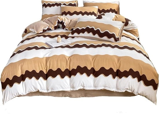 Set di coperte da letto in poliestere 100% con chiusura a zip - strisce orizzontali marrone e bianco - modello 1 - coperta da letto 180x220 cm - lenzuolo 230x230 cm - 2 copri cuscino