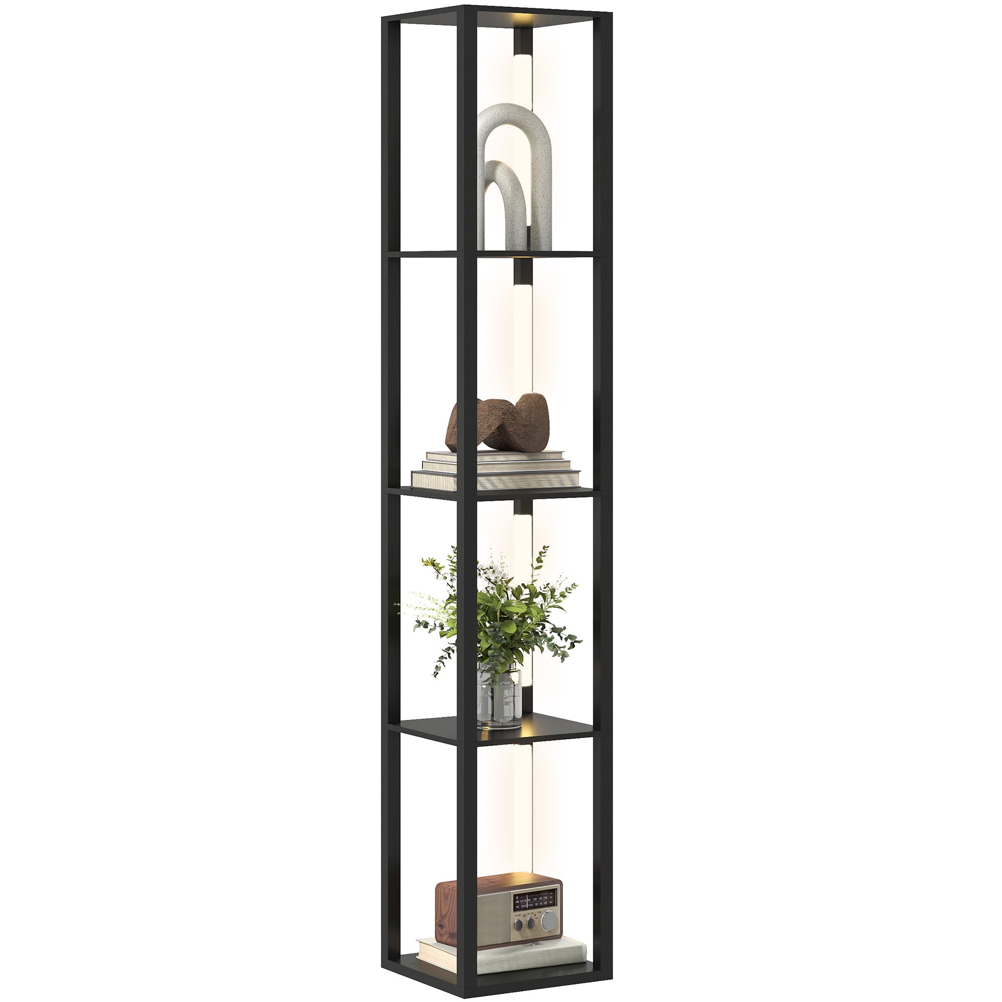 Lampada da Terra con 4 Ripiani 29x29x163 cm 3 Luminosità Regolabili e Interruttore a Pedale in MDF Nero