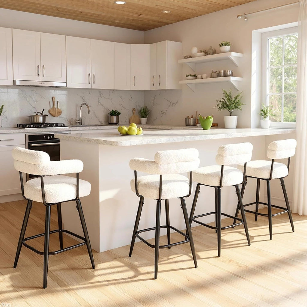Set di 2 Sgabelli da Bar Girevoli Altezza 69 cm, Sedie Moderne Imbottite con Tessuto Boucle, Schienali Curvi e Gambe in Metallo, Sedie Girevoli per Isola Cucina, Casa, Bianco/Grigio (Bianco)