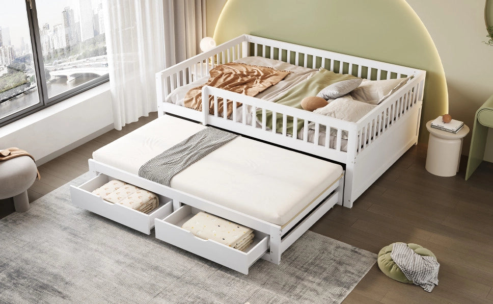 Divano letto 140x200 cm con letto estraibile; sponde di sicurezza e 2 cassetti in legno bianco