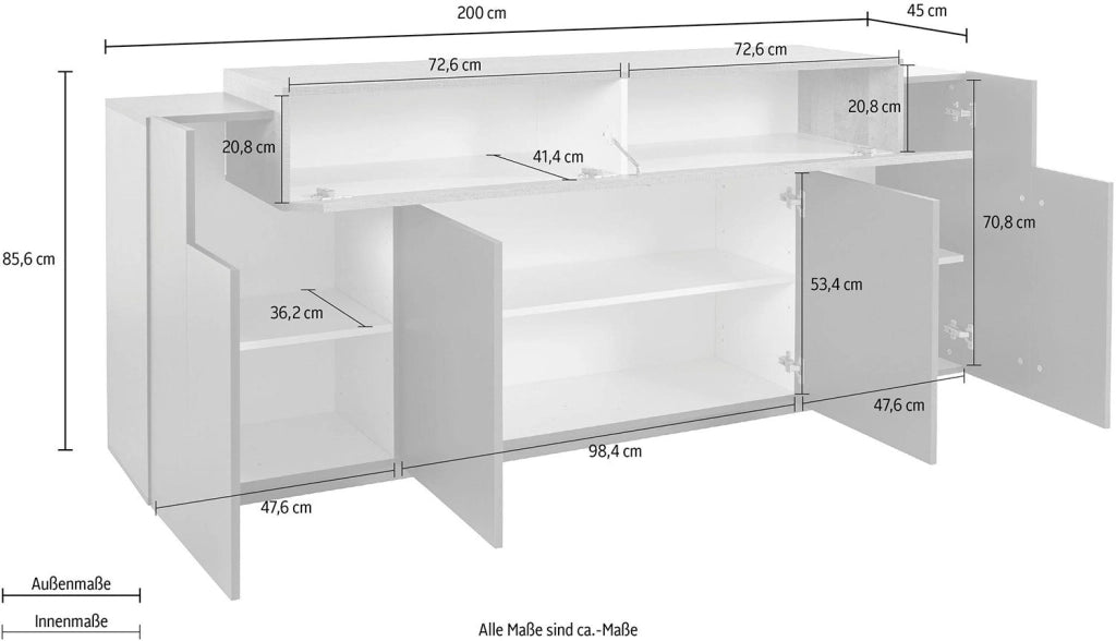 Credenza 5 Ante 200x45x86 cm Coro 4A Grigio Antracite Opaco/Rovere Wotan