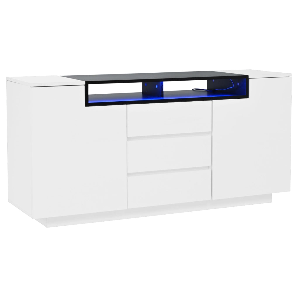 Credenza 140x40x68 cm con LED e ripiani regolabili in truciolato bianco e nero