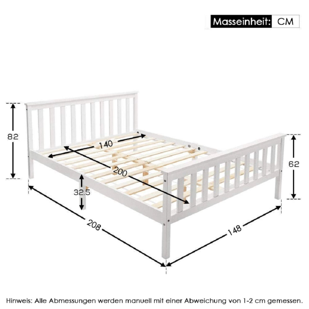 Letto matrimoniale 140 x 200 cm in legno massello di pino, struttura con doghe, bianco