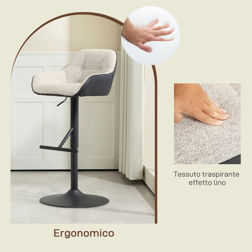 Set 2 Sgabelli Girevoli Imbottiti ad Altezza Regolabile con Schienale 52,5x53x86,5-108 cm Nero e Grigio Chiaro