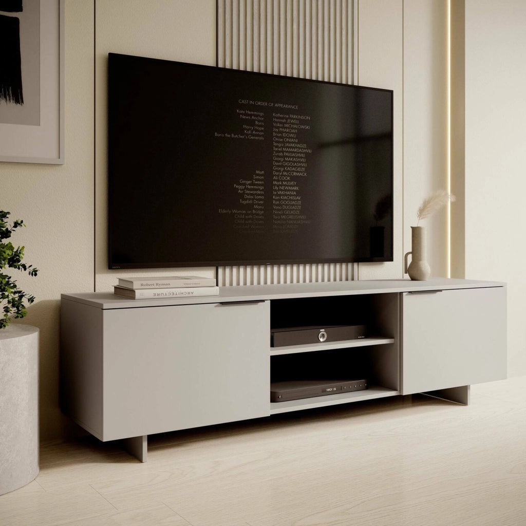 Mobile porta TV Buono, Madia da salotto con due ante battenti e due vani aperti, Rialzato da terra, 180x42 h55 cm, Beige