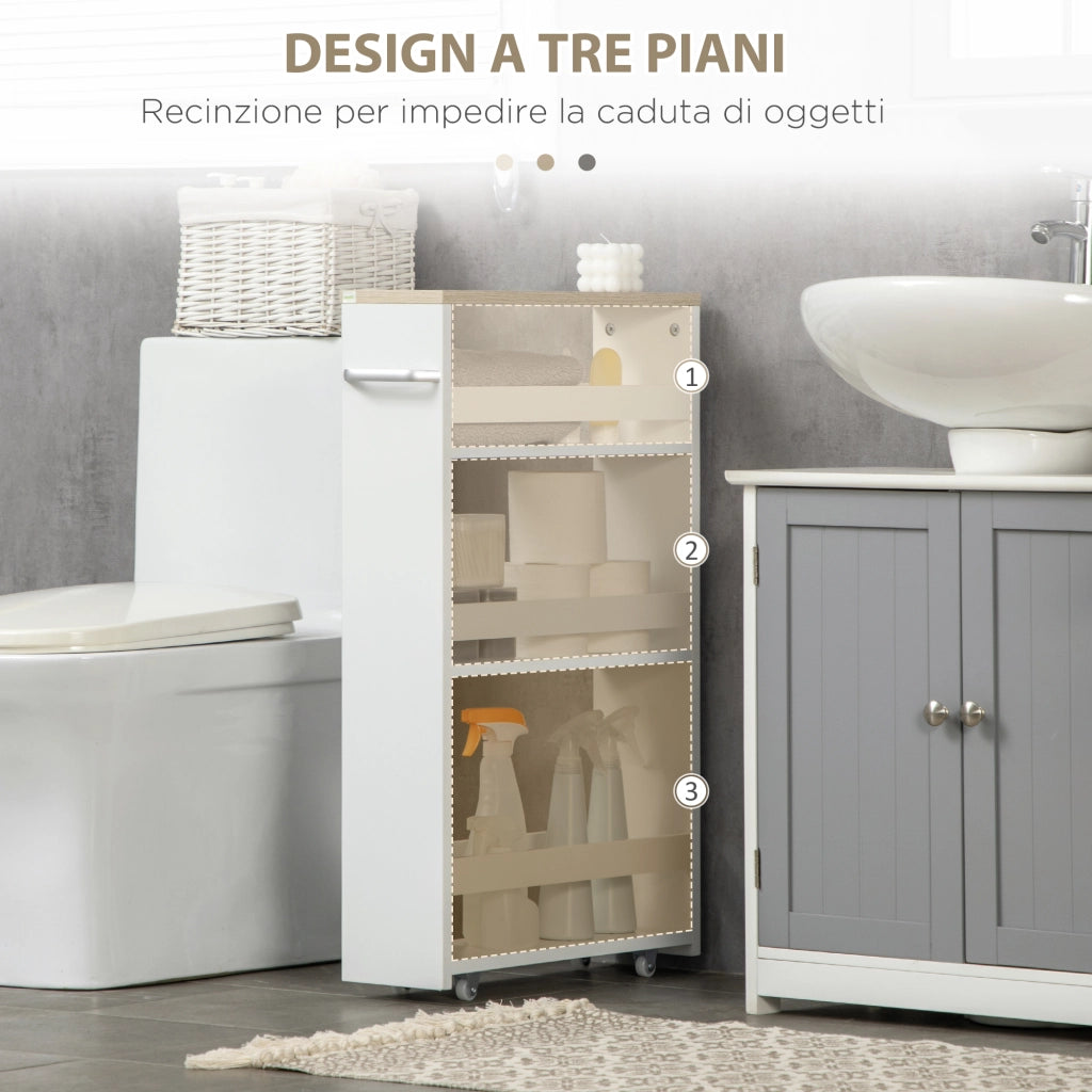 Carrello Bagno Salvaspazio a 3 Ripiani con Rotelle e Maniglia in Legno, 48x15x80cm, Bianco